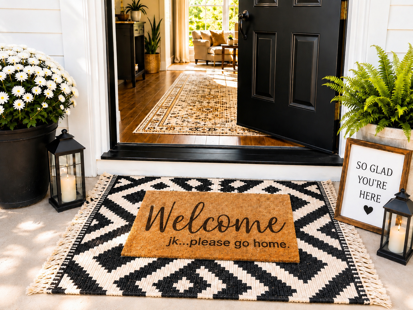 "Welcome (jk please go home)" Welcome Mat