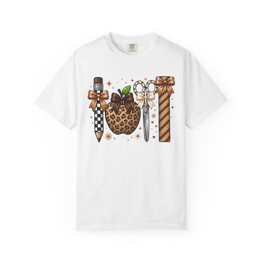 Leopard Tools Print T-Shirt — Cozy Craftsman Scissors & Pencil Design