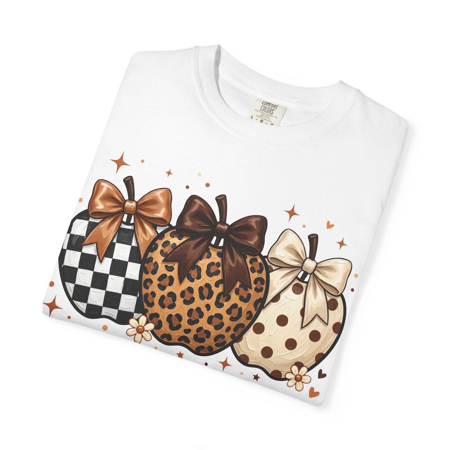 Fall Pumpkin Trio T-Shirt — Plaid, Leopard & Polka Dot Pumpkins with Bows