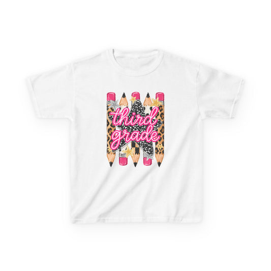 Third Grade Pencils Kids T‑Shirt — Leopard Accent Back‑to‑School Tee