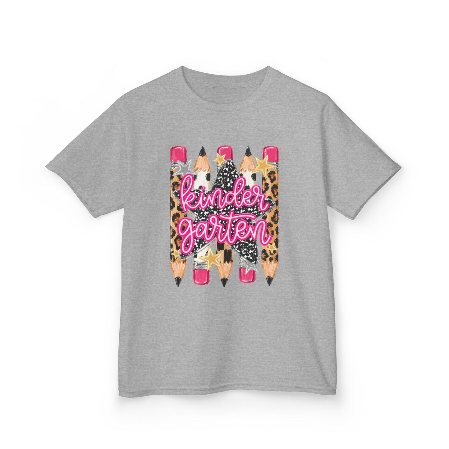 Kindergarten Pencils Kids Tee — Leopard Print Back-to-School Shirt