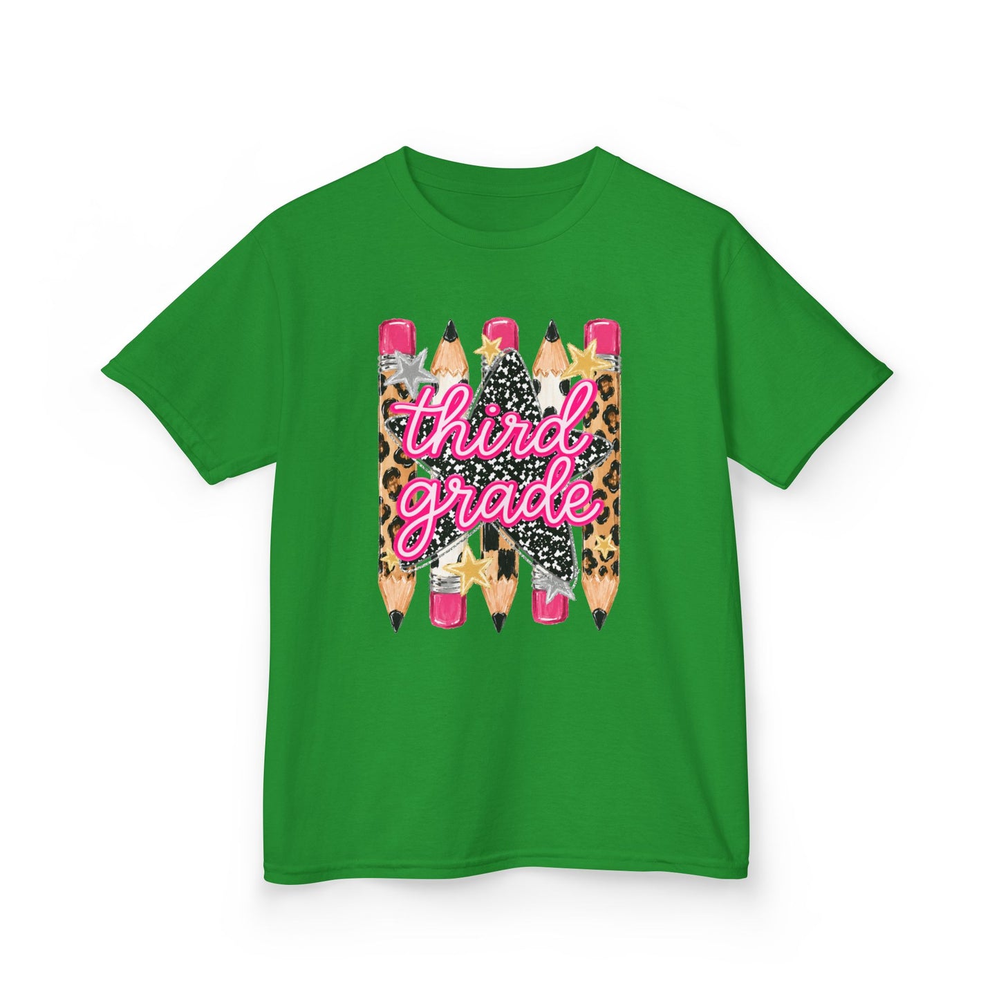 Third Grade Pencils Kids T‑Shirt — Leopard Accent Back‑to‑School Tee