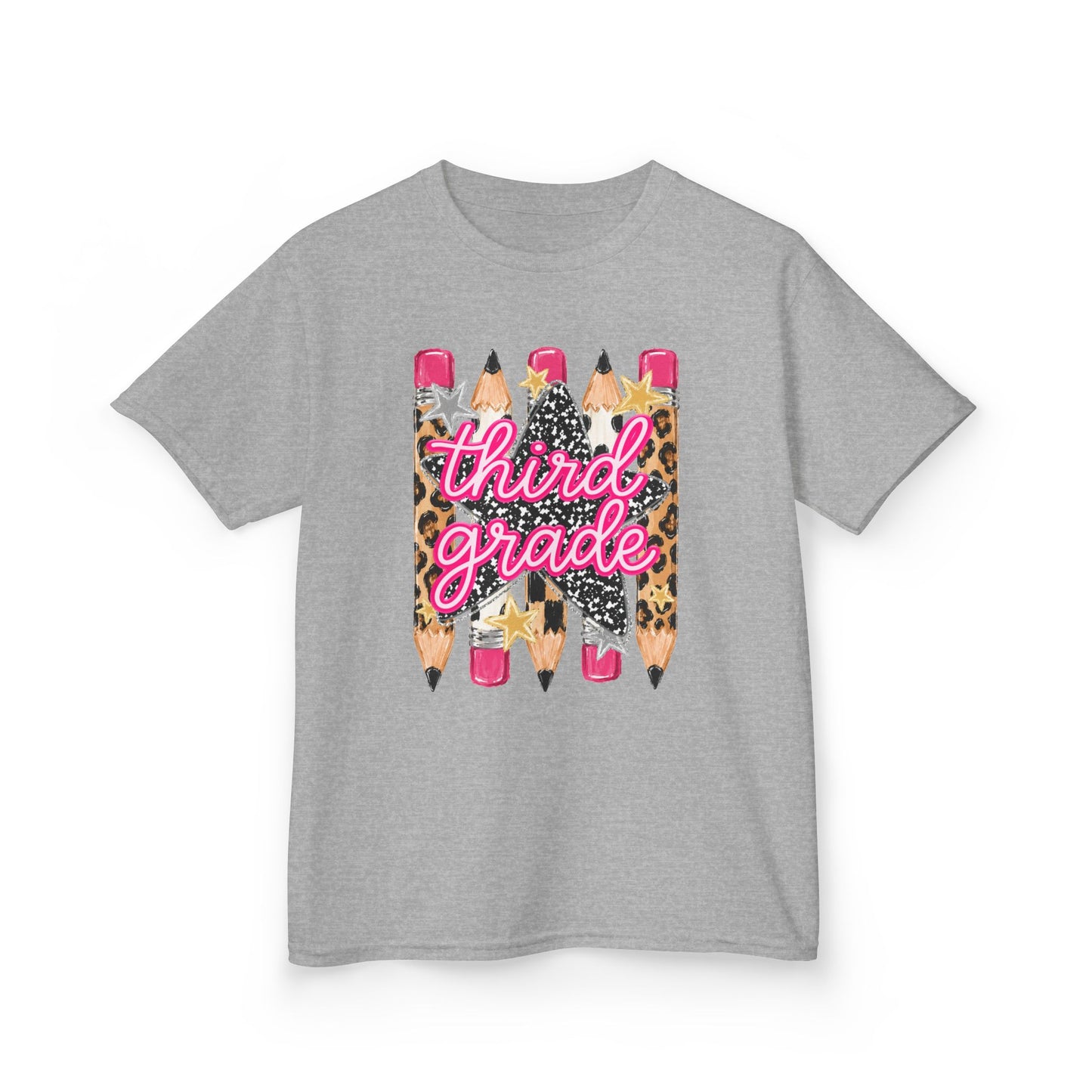 Third Grade Pencils Kids T‑Shirt — Leopard Accent Back‑to‑School Tee