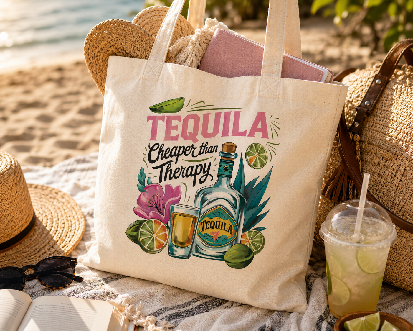 "Tequila Cheaper Than Therapy" Canvas Tote - Natural