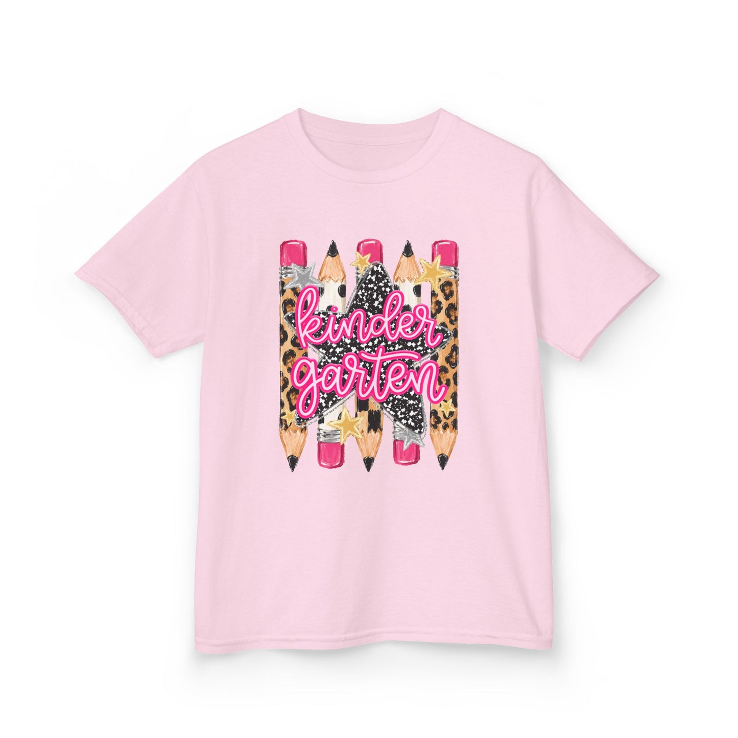 Kindergarten Pencils Kids Tee — Leopard Print Back-to-School Shirt