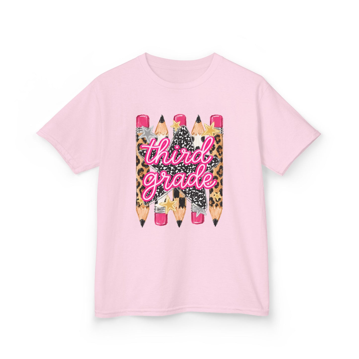 Third Grade Pencils Kids T‑Shirt — Leopard Accent Back‑to‑School Tee