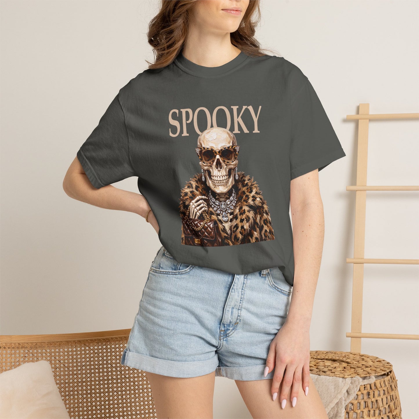 Spooky Skull Leopard  Graphic Tee - White font