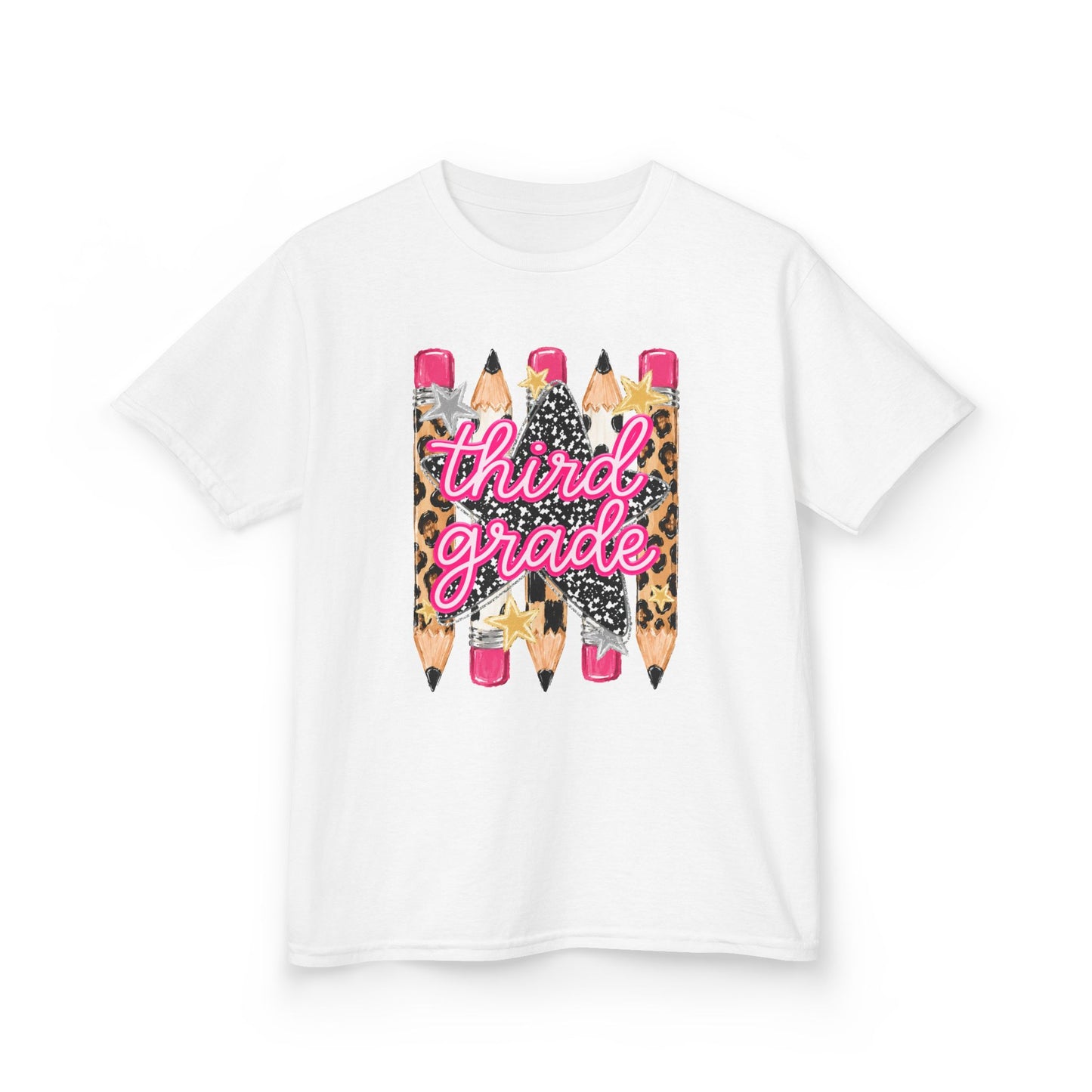 Third Grade Pencils Kids T‑Shirt — Leopard Accent Back‑to‑School Tee