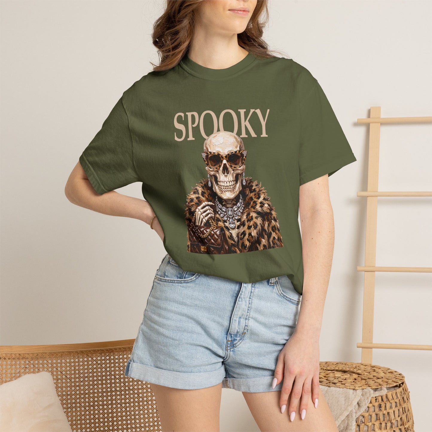Spooky Skull Leopard  Graphic Tee - White font