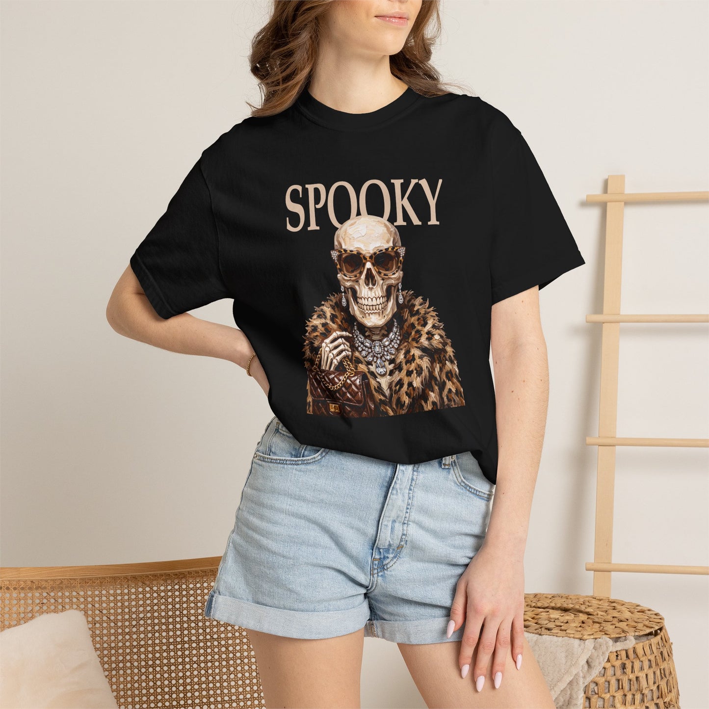 Spooky Skull Leopard  Graphic Tee - White font