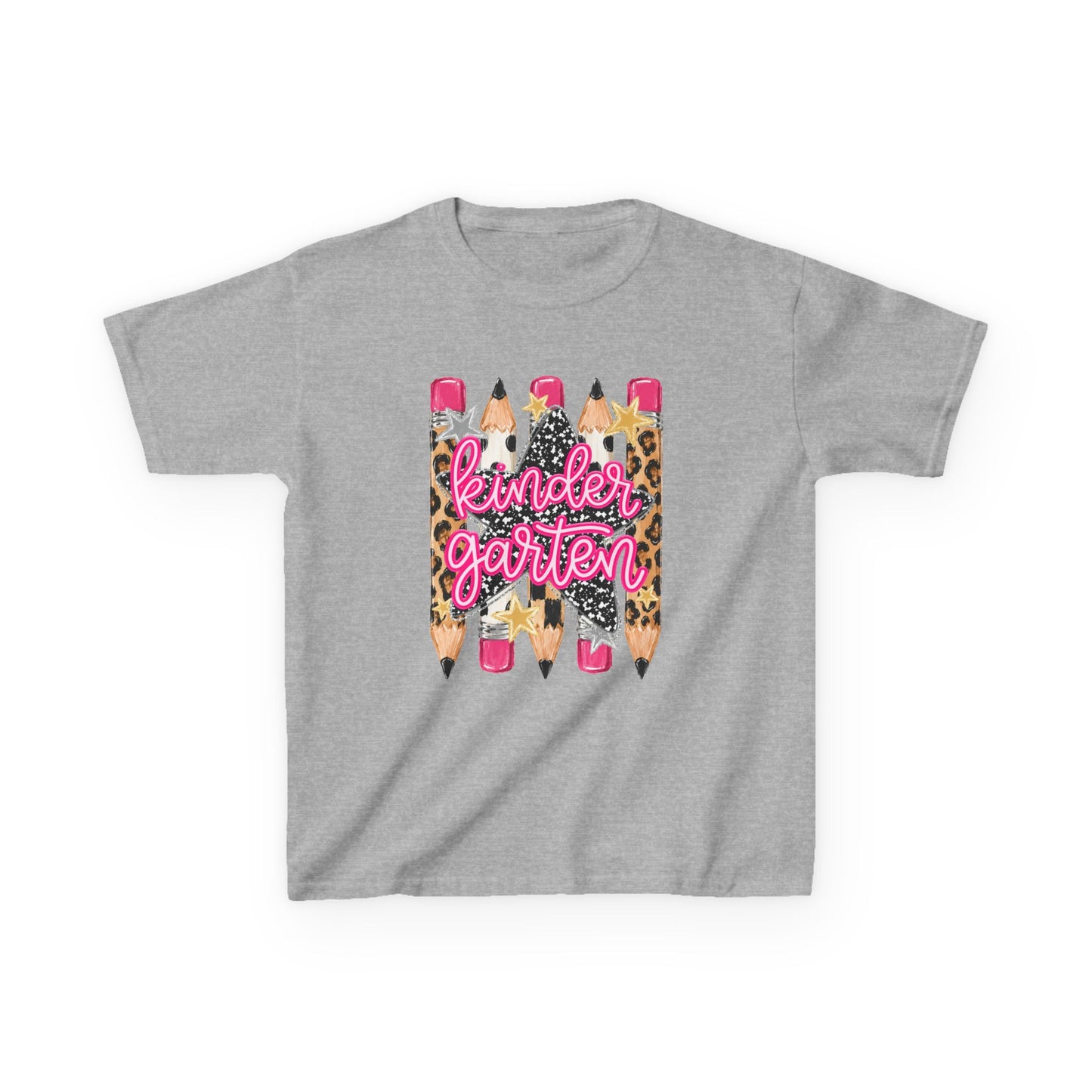 Kindergarten Pencils Kids Tee — Leopard Print Back-to-School Shirt