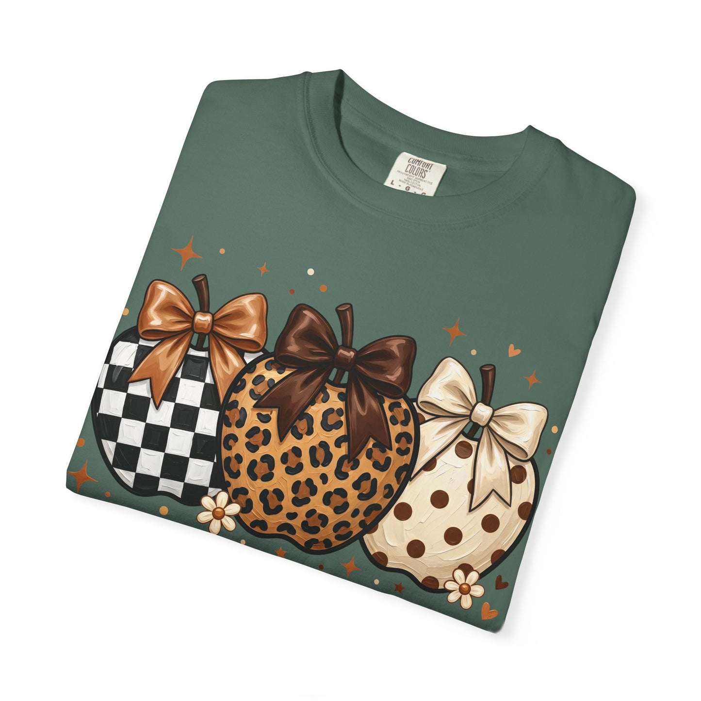 Fall Pumpkin Trio T-Shirt — Plaid, Leopard & Polka Dot Pumpkins with Bows