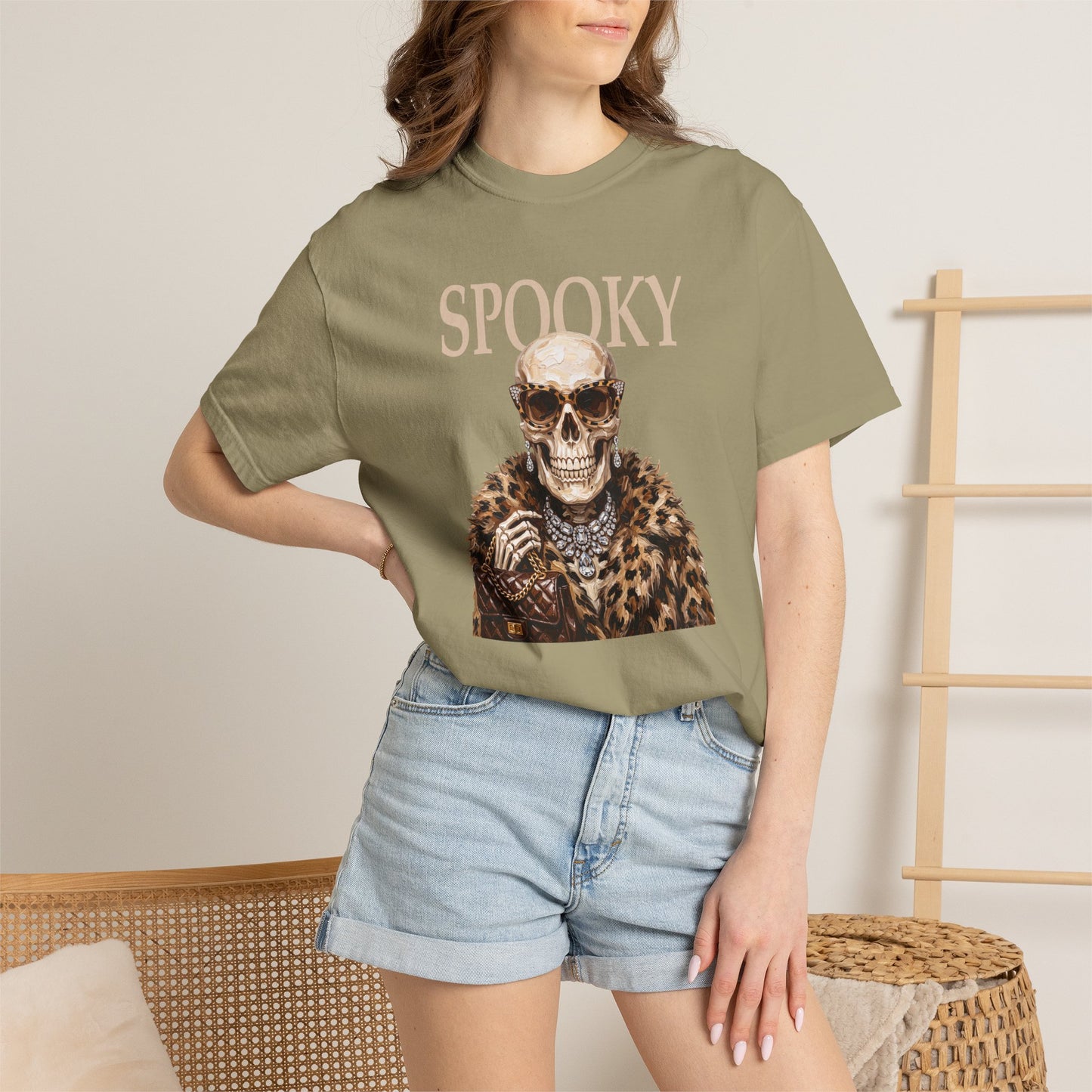 Spooky Skull Leopard  Graphic Tee - White font