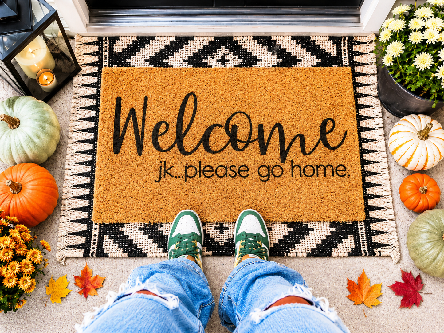 "Welcome (jk please go home)" Welcome Mat