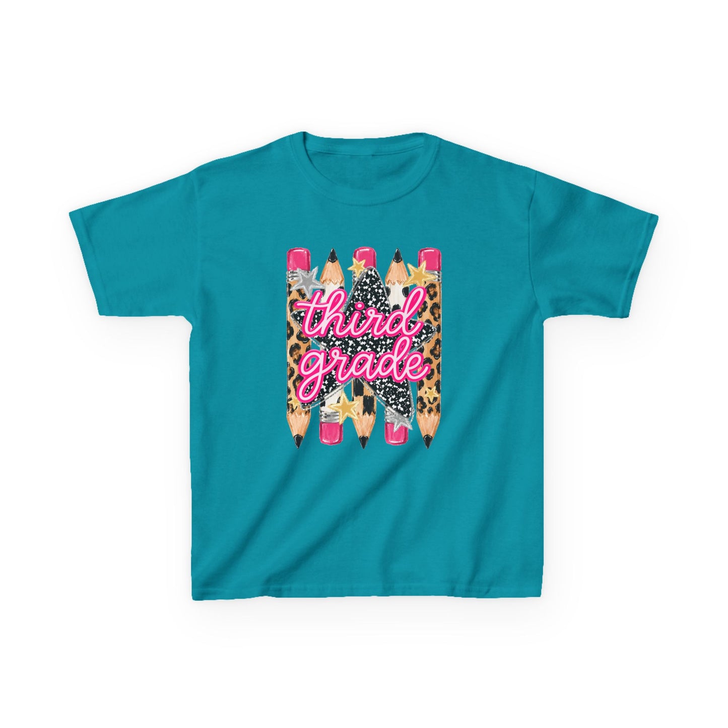 Third Grade Pencils Kids T‑Shirt — Leopard Accent Back‑to‑School Tee