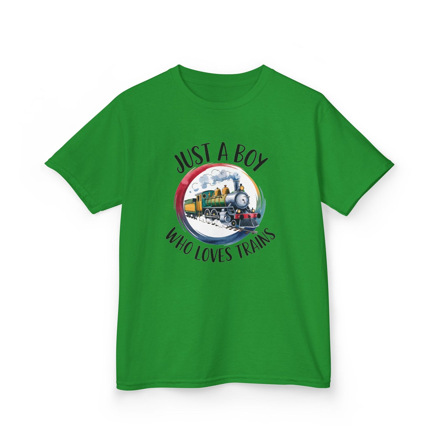 Kids Tee — "Just a Boy Who Loves Trains" Vintage Locomotive Shirt