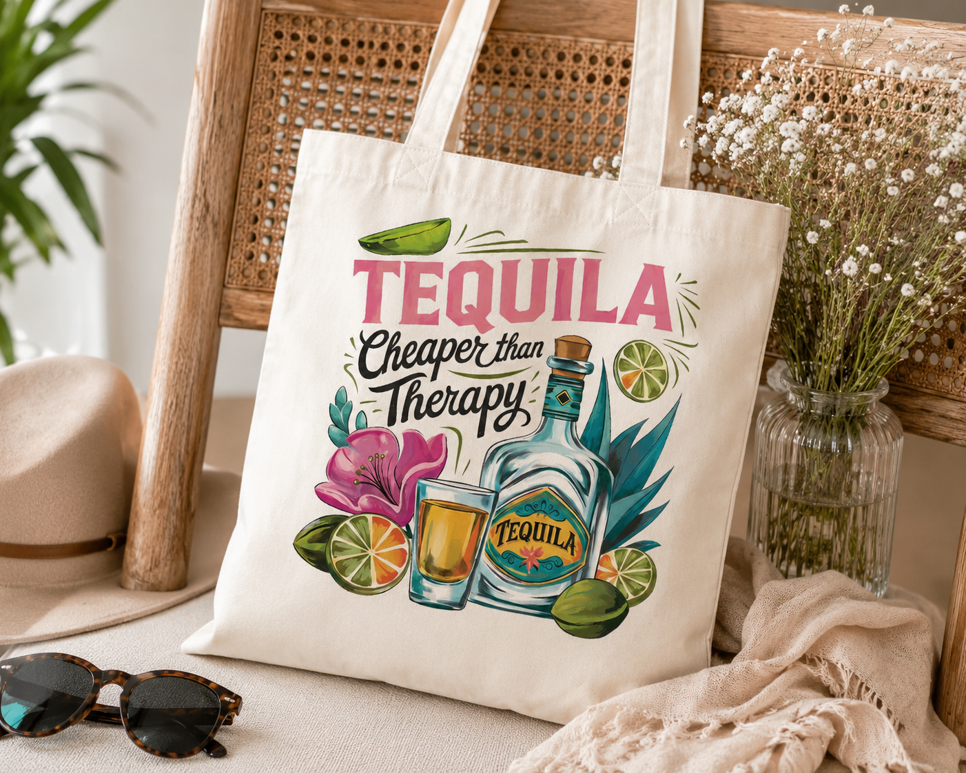 "Tequila Cheaper Than Therapy" Canvas Tote - Natural