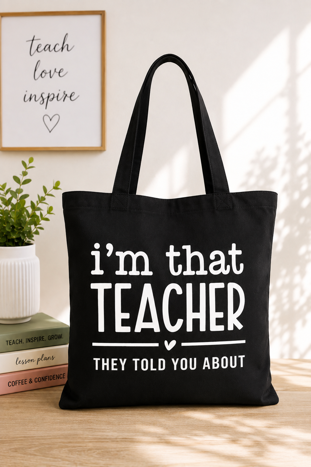 "I'm that teacher that" Canvas Travel Tote - White font