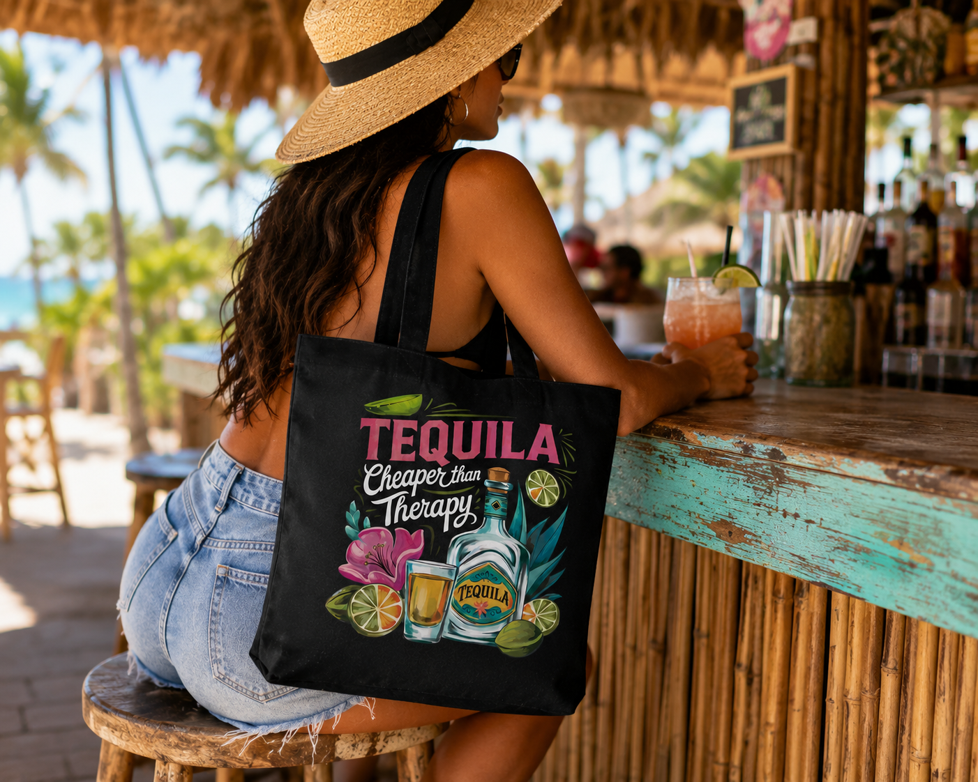 "Tequila Cheaper Than Therapy" Canvas Tote - Black