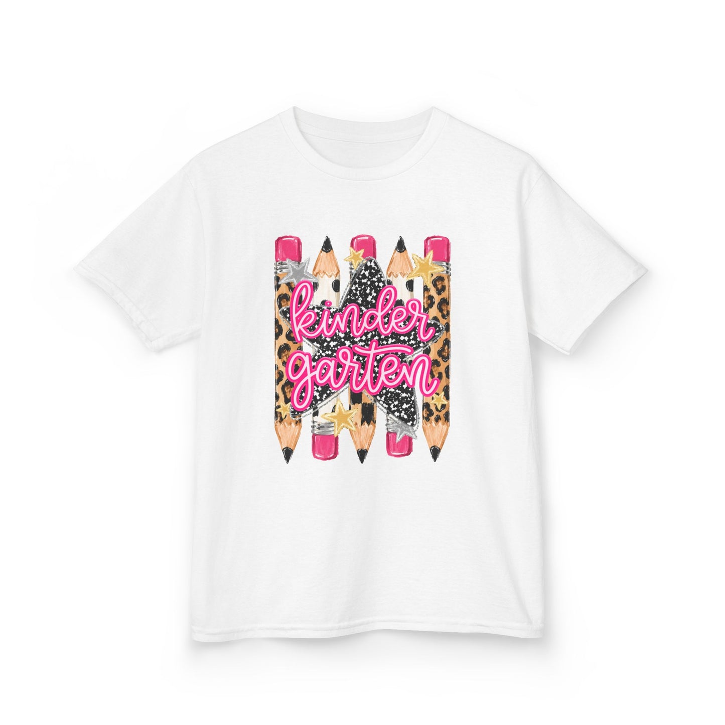Kindergarten Pencils Kids Tee — Leopard Print Back-to-School Shirt