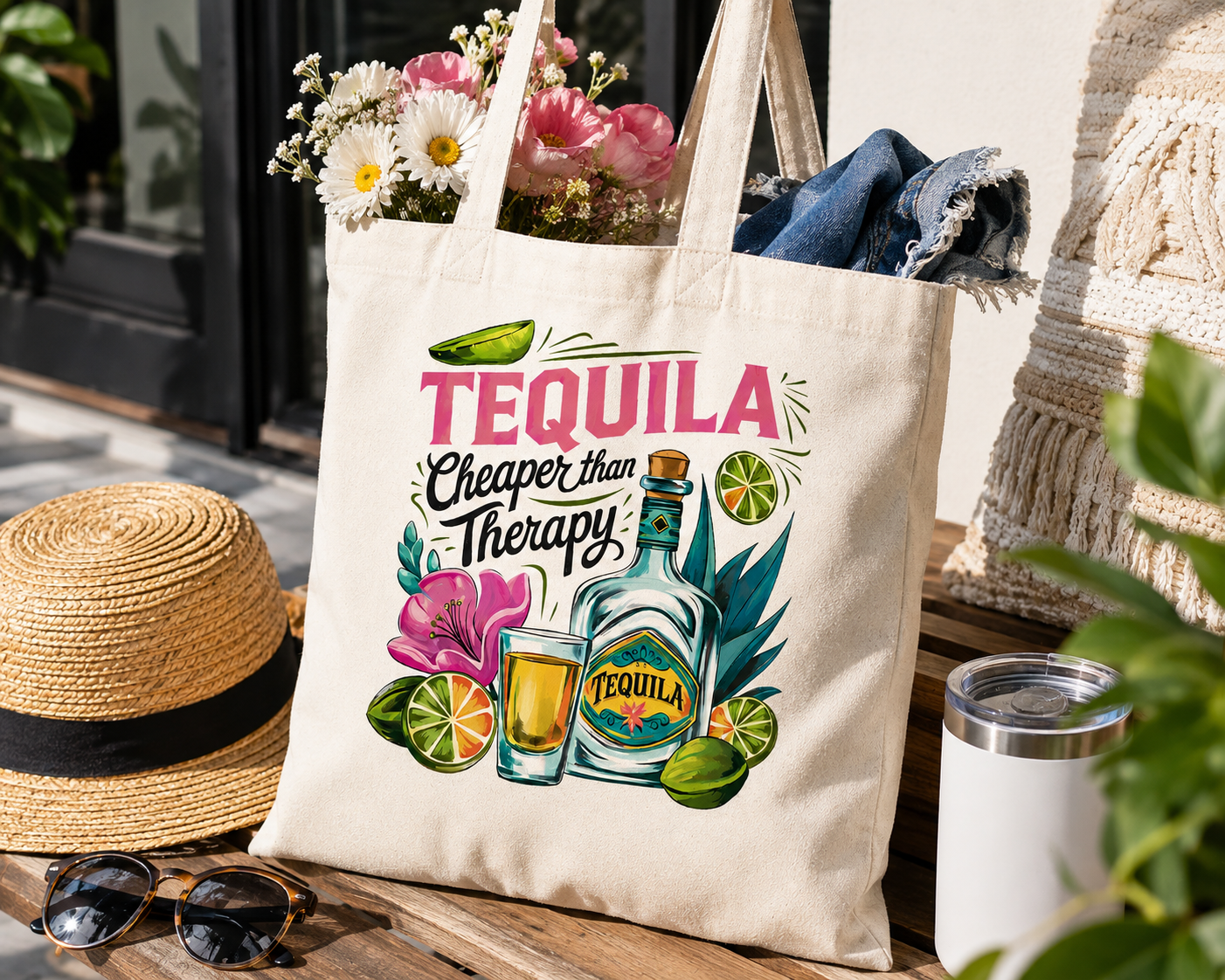 "Tequila Cheaper Than Therapy" Canvas Tote - Natural