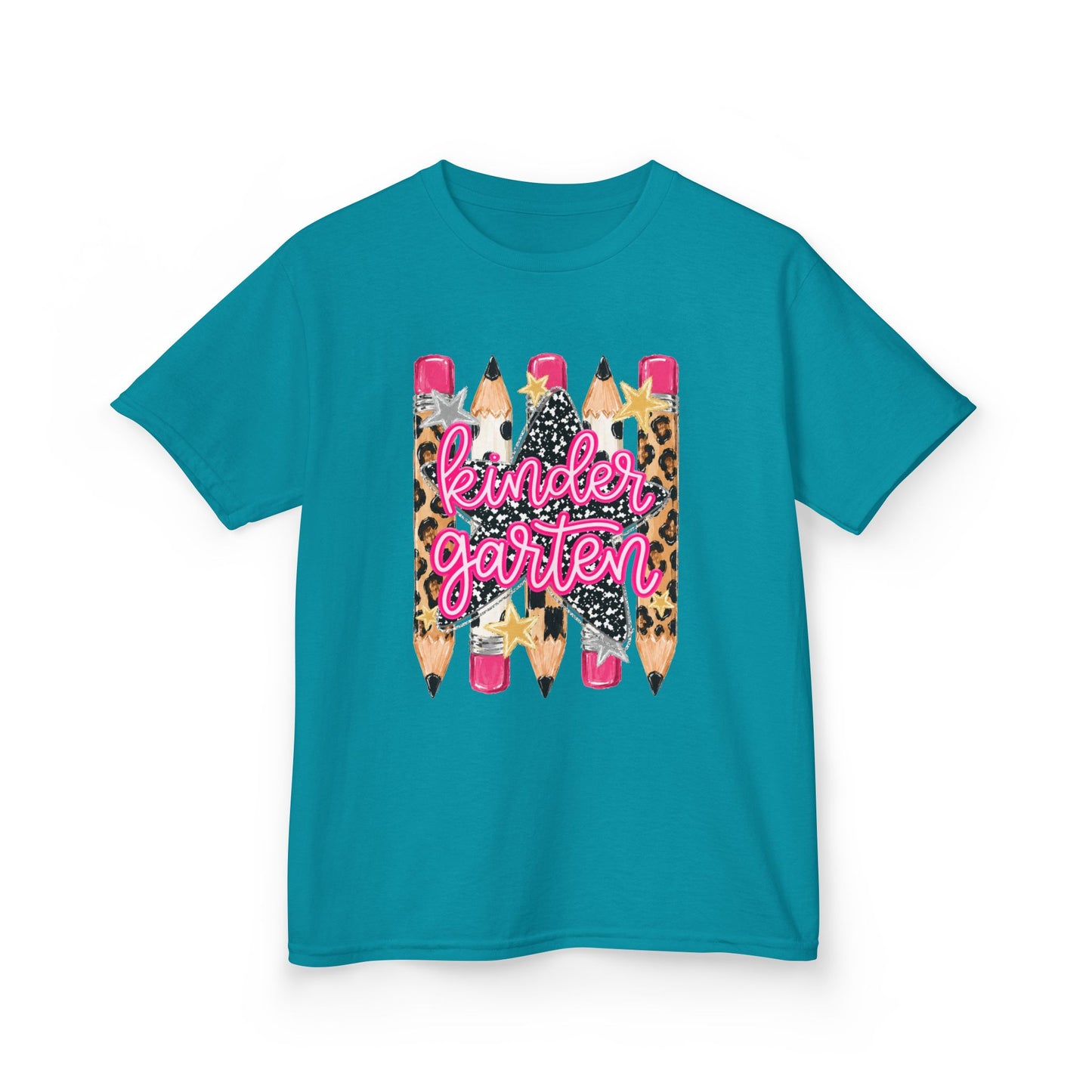Kindergarten Pencils Kids Tee — Leopard Print Back-to-School Shirt