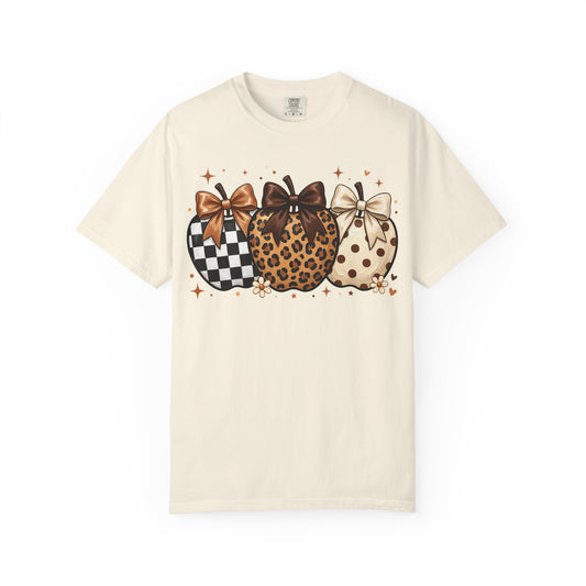 Fall Pumpkin Trio T-Shirt — Plaid, Leopard & Polka Dot Pumpkins with Bows