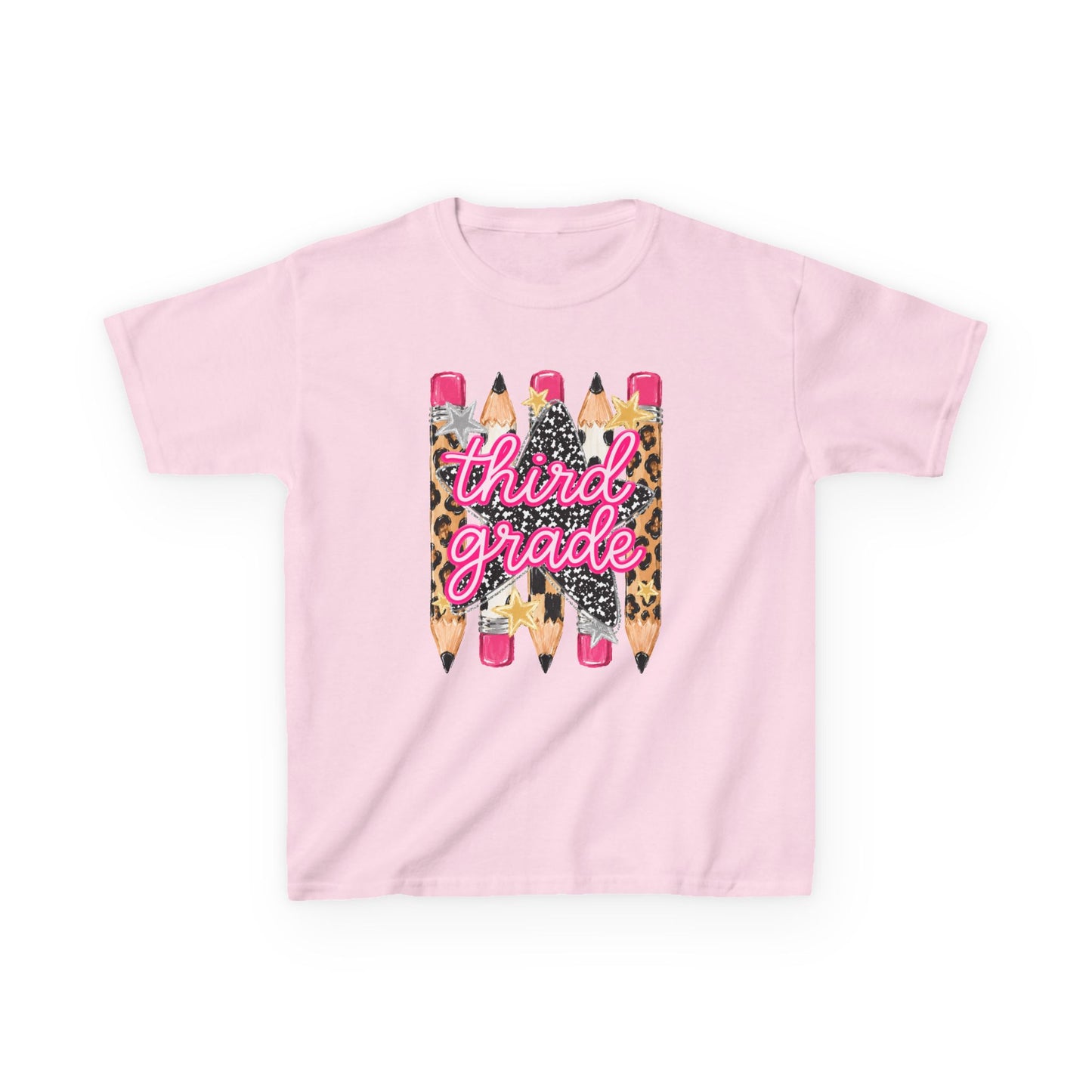 Third Grade Pencils Kids T‑Shirt — Leopard Accent Back‑to‑School Tee