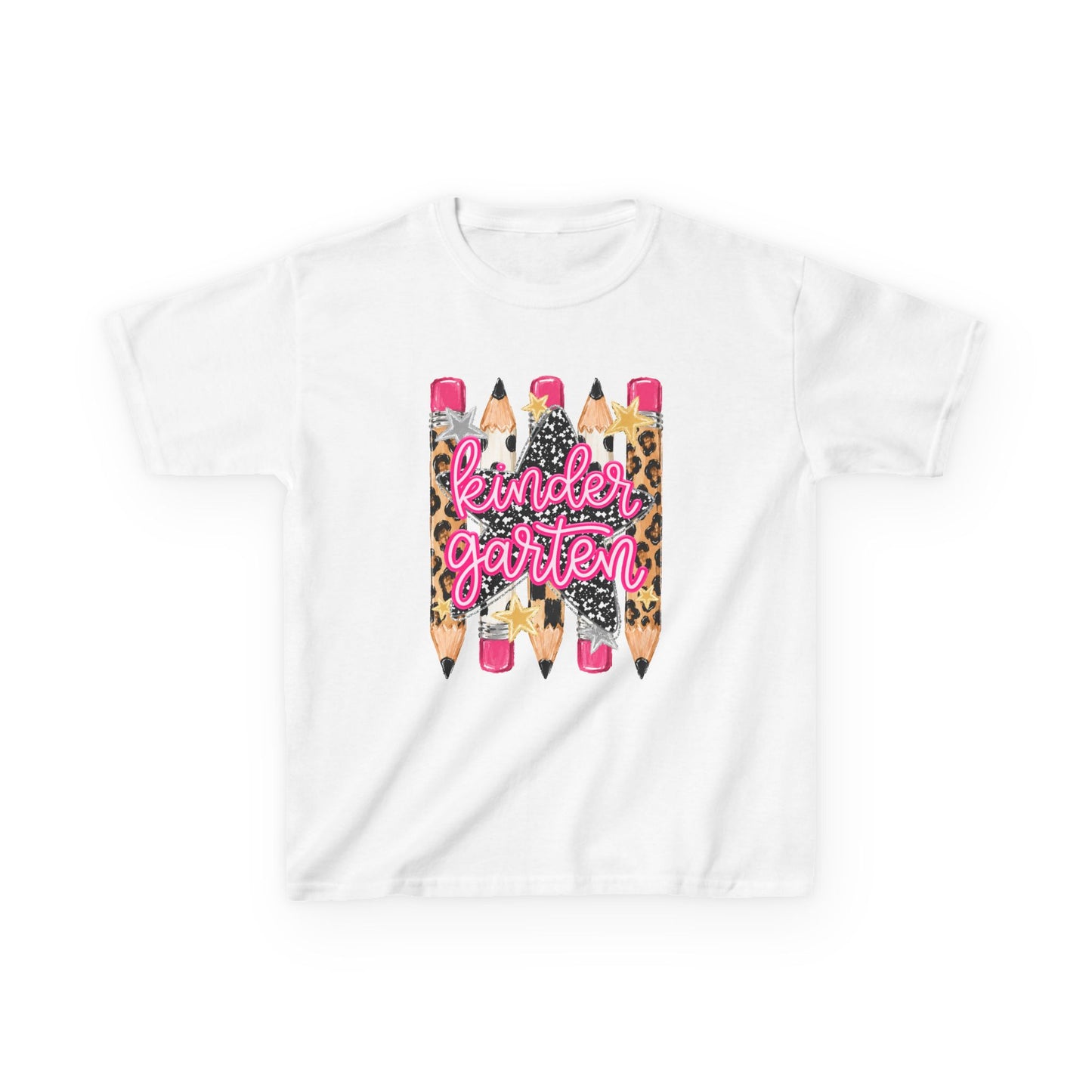 Kindergarten Pencils Kids Tee — Leopard Print Back-to-School Shirt