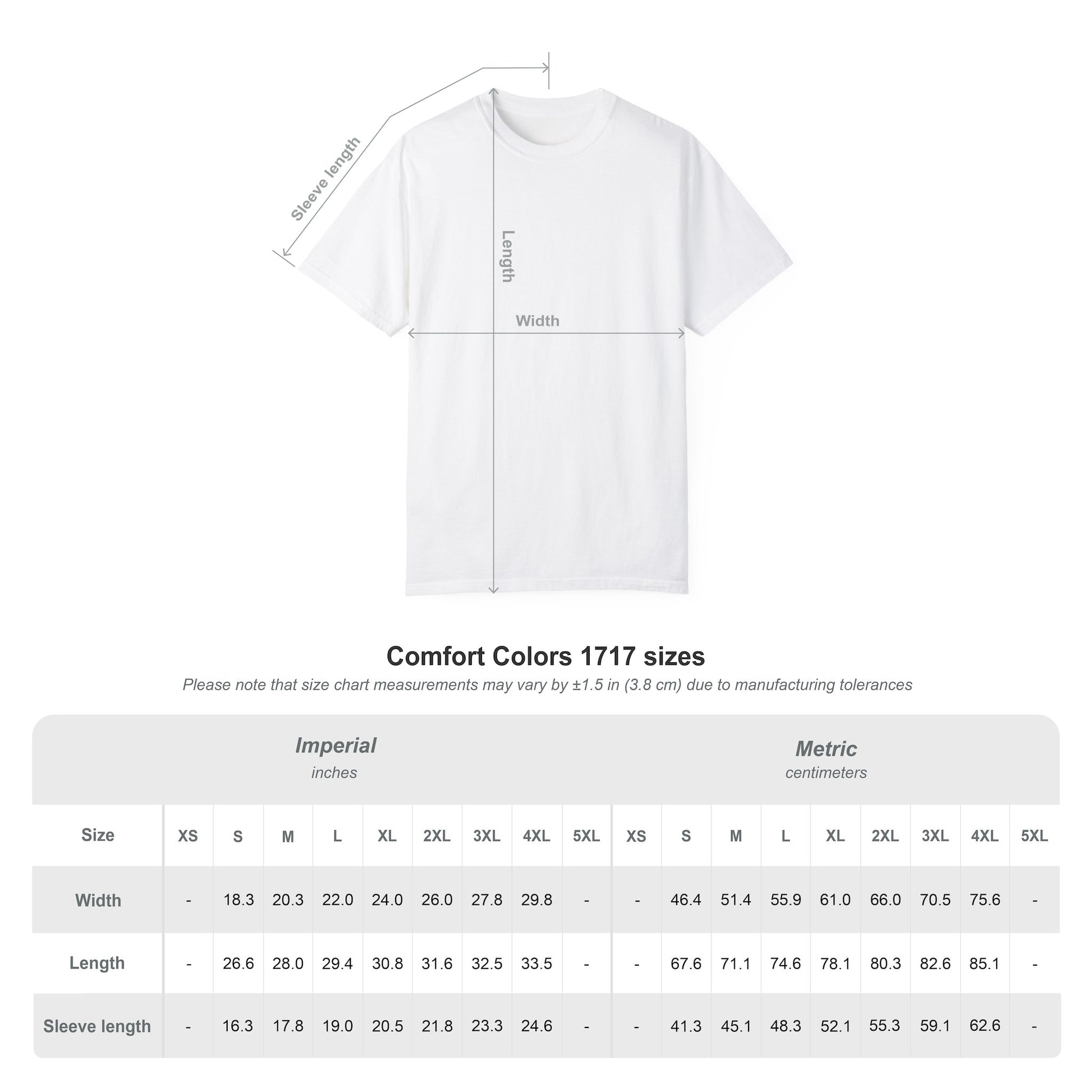 Comfort Colors 1717 size chart with measurements in inches and centimeters for sizes S–4XL