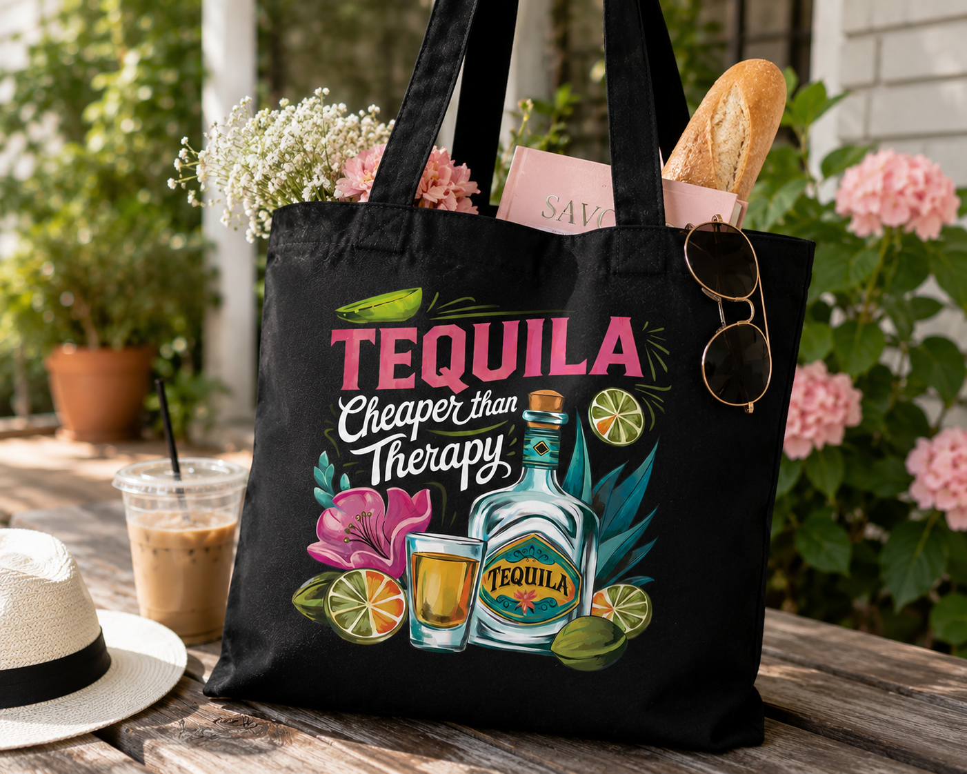 "Tequila Cheaper Than Therapy" Canvas Tote - Black